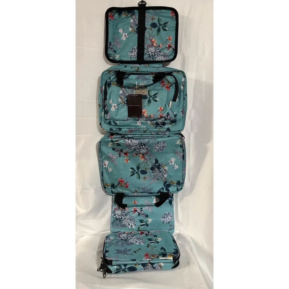 B&C Hanging Travel‎ Organizer Bags Set Turquoise Flowers Multi-pockets